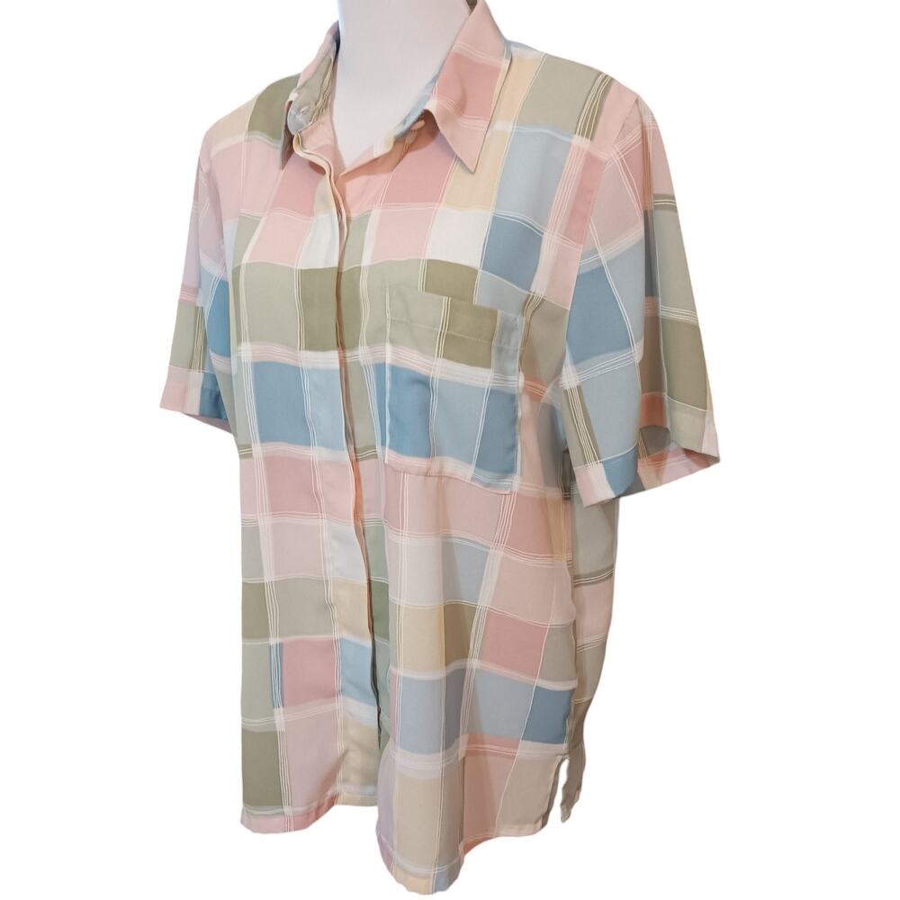 VINTAGE ALFRED DUNNER Preppy Pastel Top Blouse Shirt Size 16 Squares Colorful